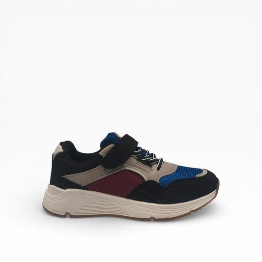 Basket enfant LA CHAUSSURERIE bleu, rouge et beige avec scratch et lacets, vue latérale