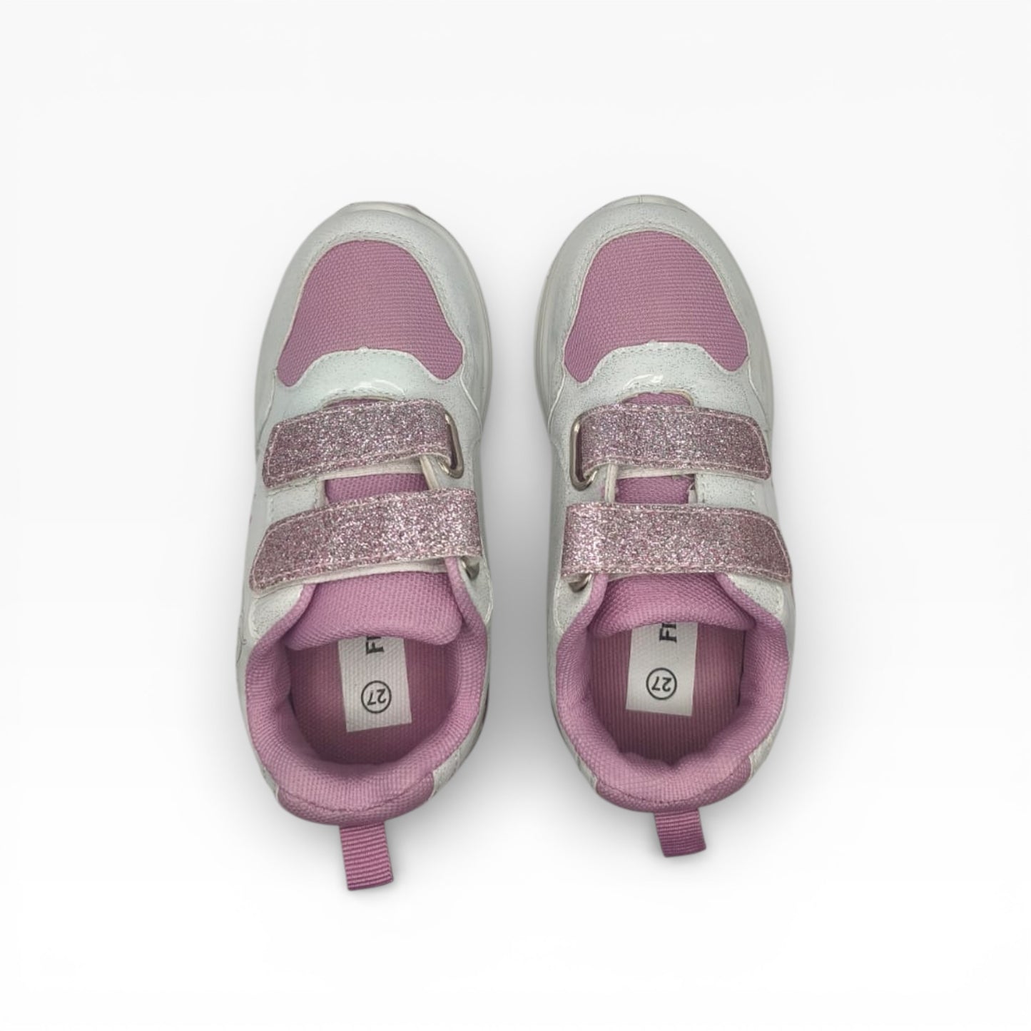 Baskets fille rose et blanc à scratch pailleté, vue dessus, LA CHAUSSURERIE