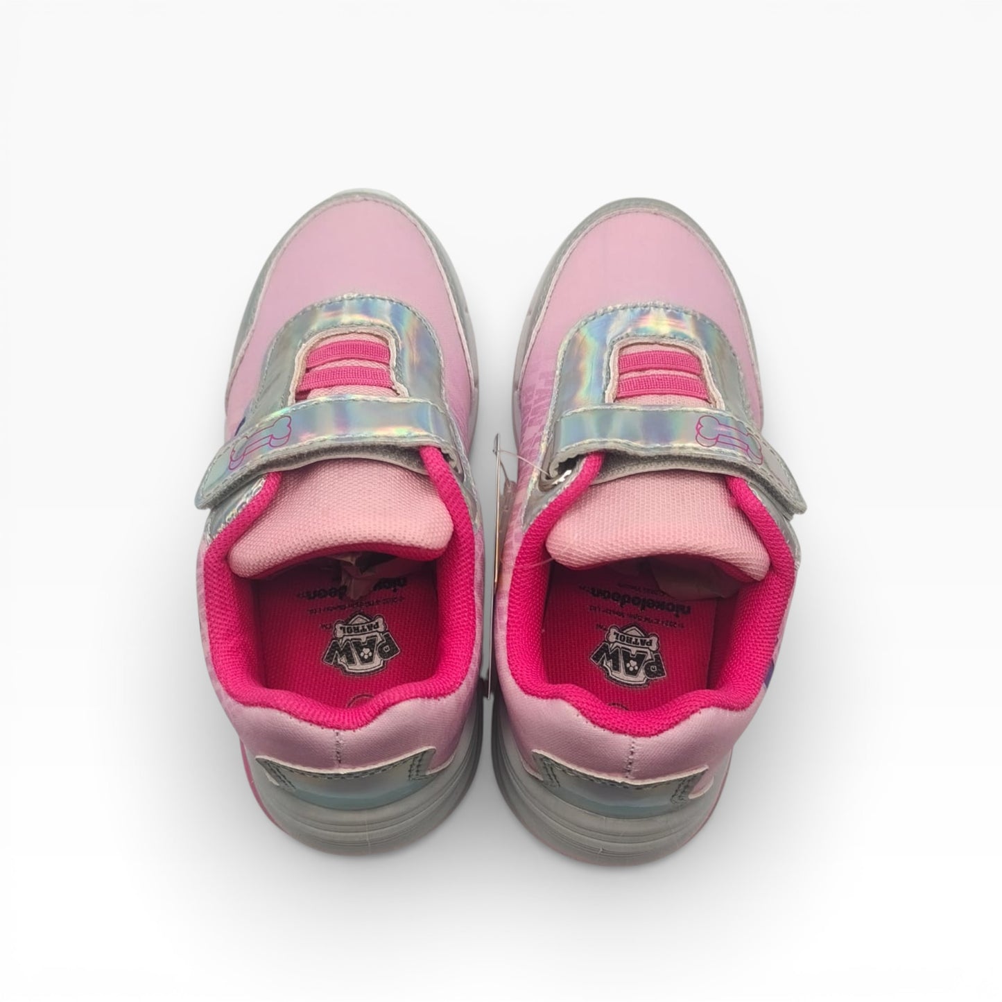 Baskets fille roses Pat' Patrouille vues de dessus, détails brillants, LA CHAUSSURERIE
