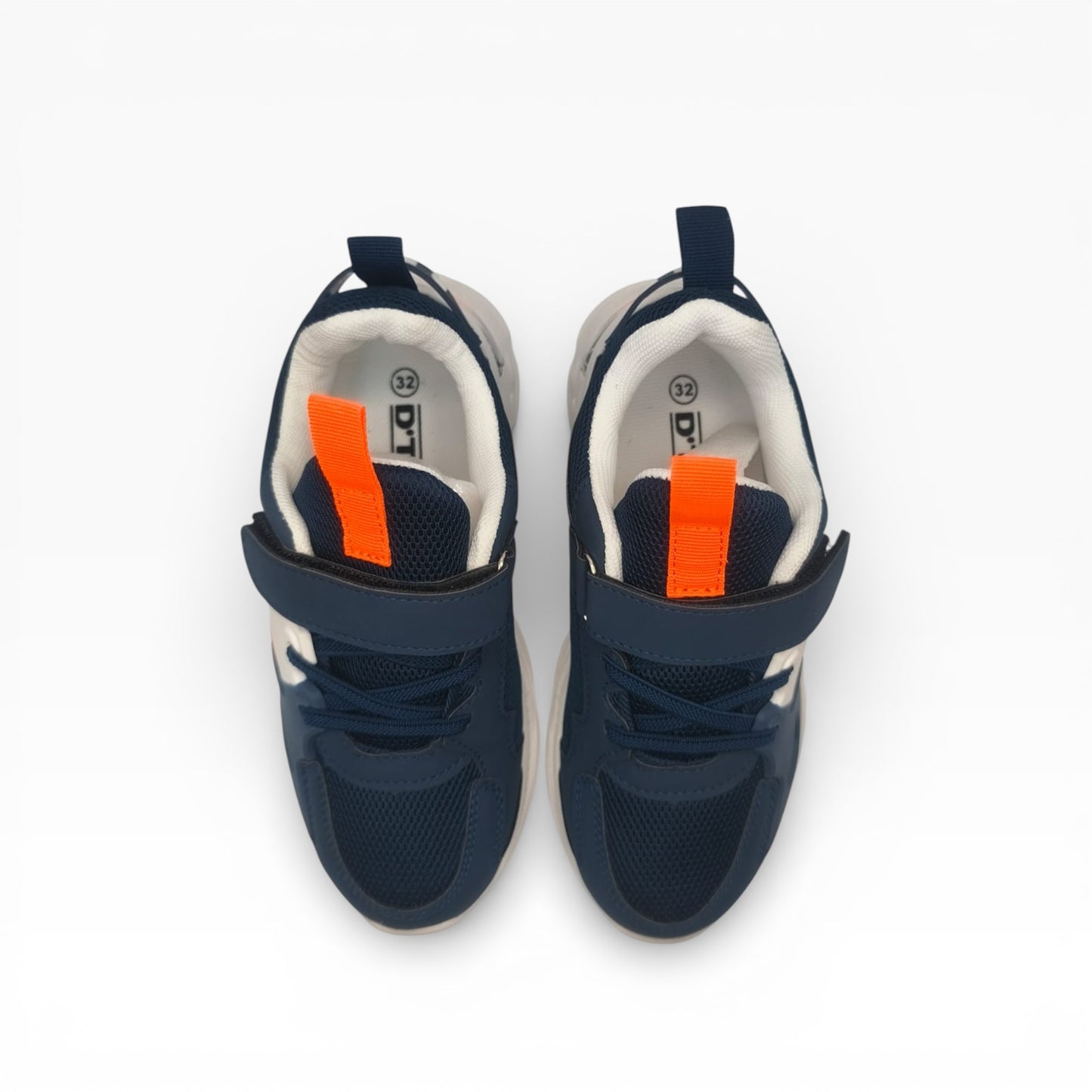 Chaussures enfant bleu marine à scratch orange, vue du dessus, LA CHAUSSURERIE