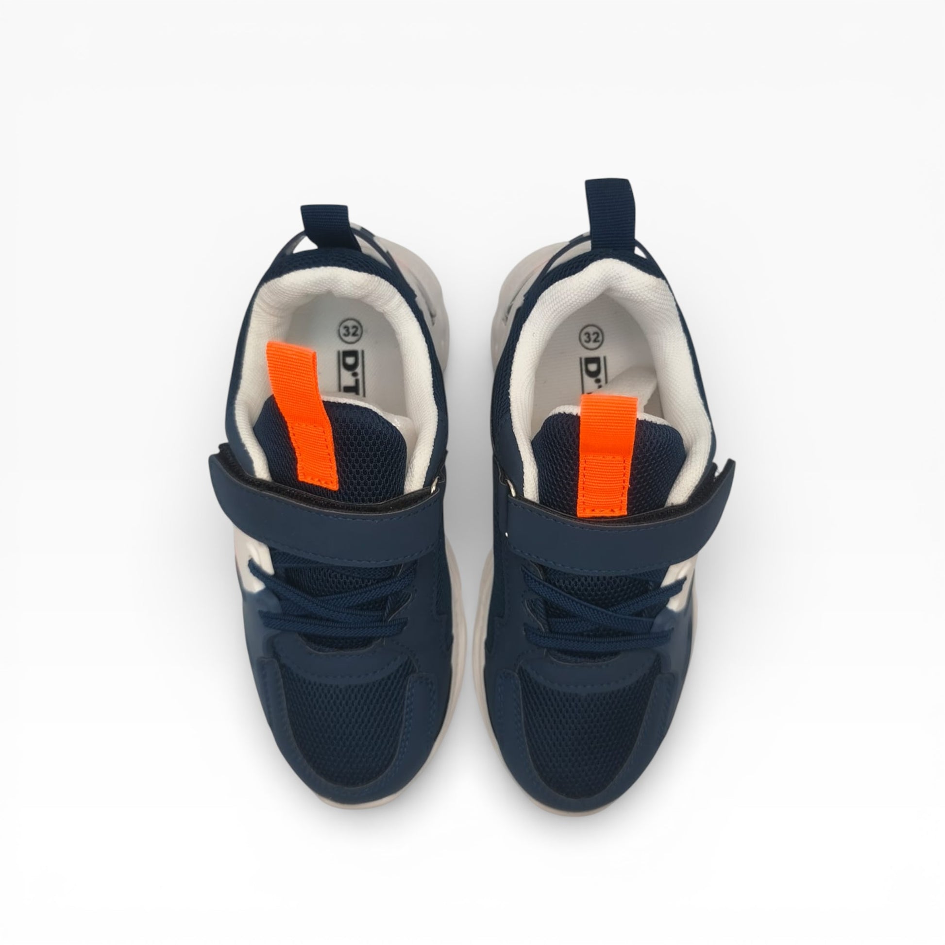 Chaussures enfant bleu marine à scratch orange, vue du dessus, LA CHAUSSURERIE