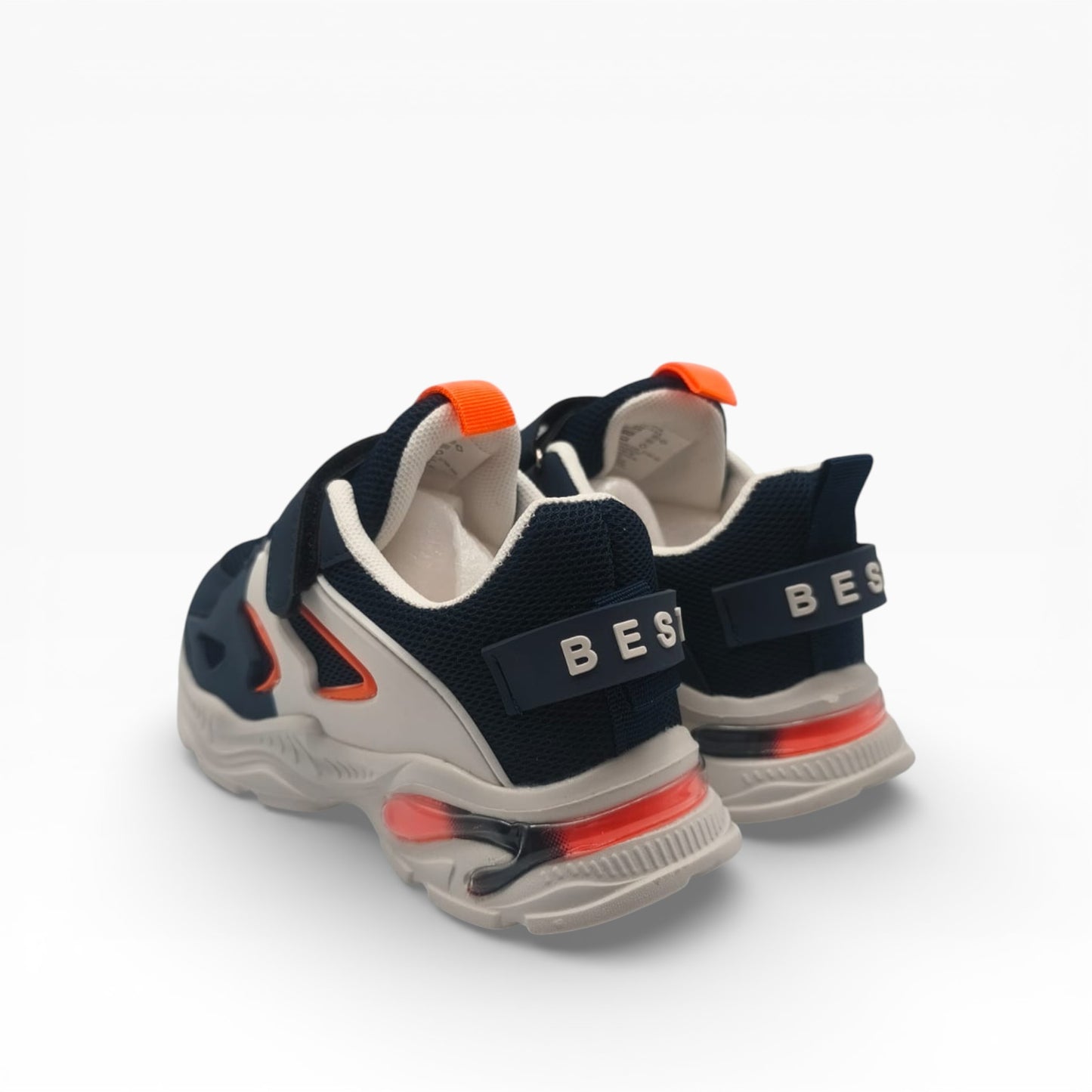 Chaussure enfant scratch orange et bleu marine, semelle épaisse, LA CHAUSSURERIE