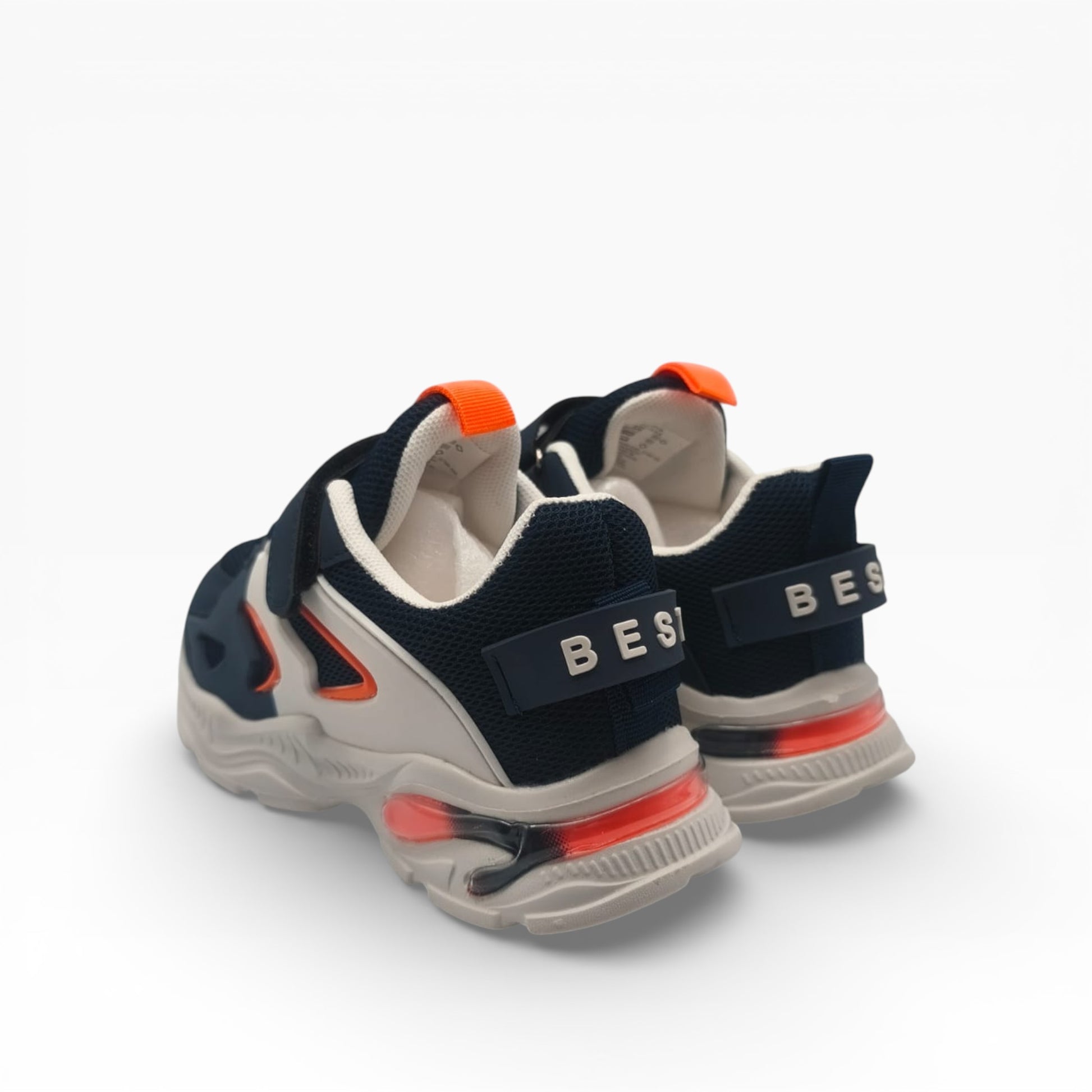 Chaussure enfant scratch orange et bleu marine, semelle épaisse, LA CHAUSSURERIE