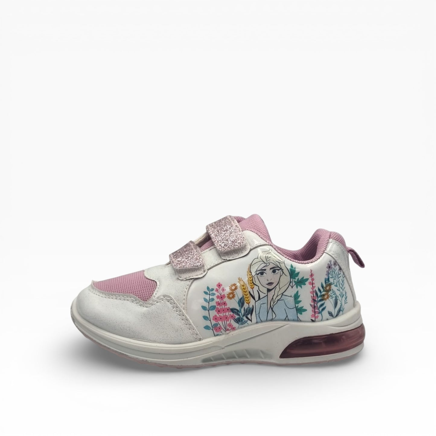 Chaussure fille blanche et rose Reine des Neiges avec scratchs pailletés, LA CHAUSSURERIE