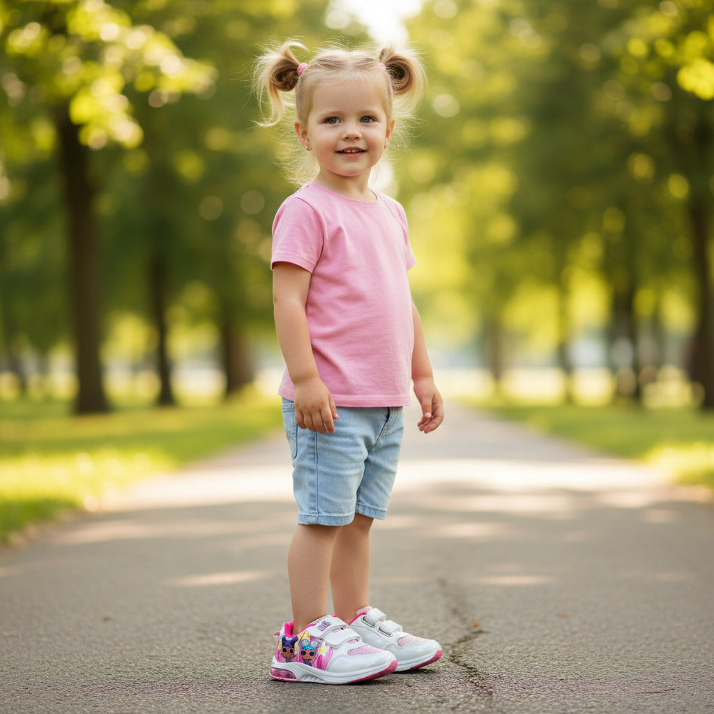 Petite fille portant des chaussures enfant lumineuses LOL Surprise roses, debout dehors sur une allée.