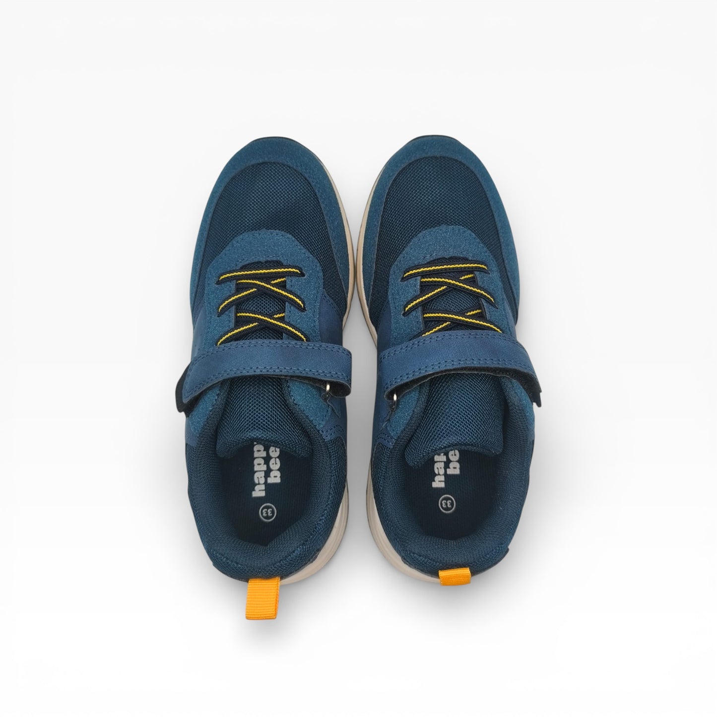 Chaussures enfant bleues confortables pour marche, lacets jaunes, LA CHAUSSURERIE