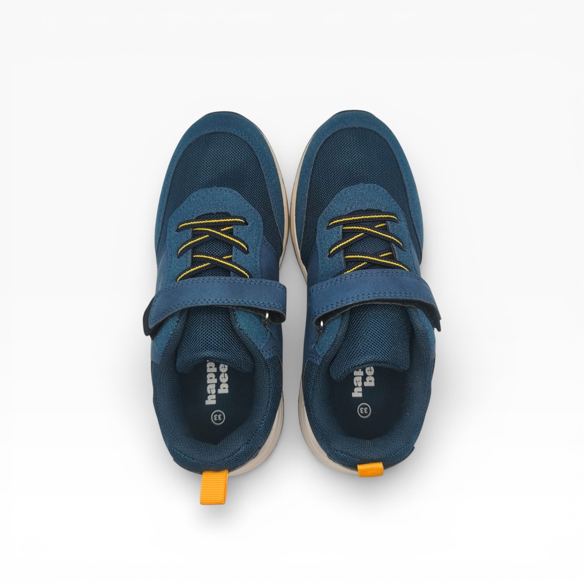 Chaussures enfant bleues confortables pour marche, lacets jaunes, LA CHAUSSURERIE