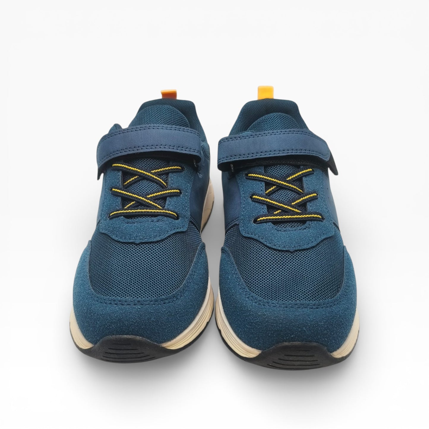 Chaussures enfant bleu à scratch et lacets jaunes, vue de face, LA CHAUSSURERIE
