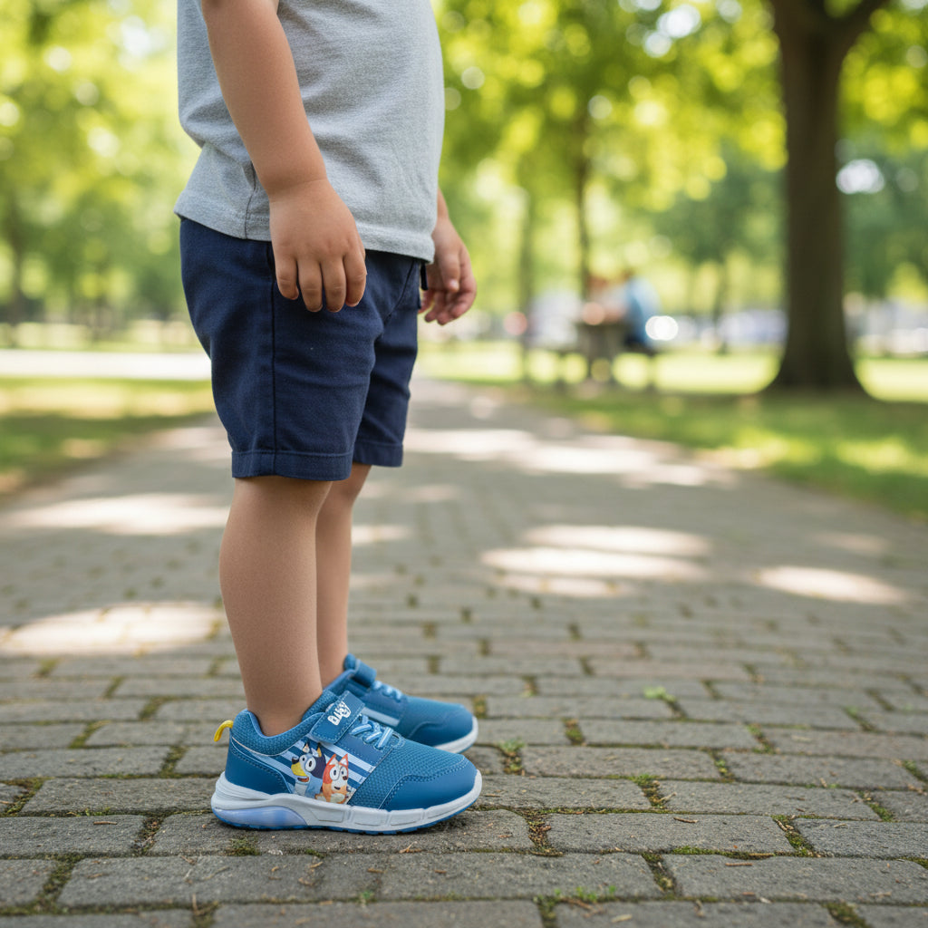 Enfant portant chaussures lumineuses Bluey bleues sur une allée, extérieur parc