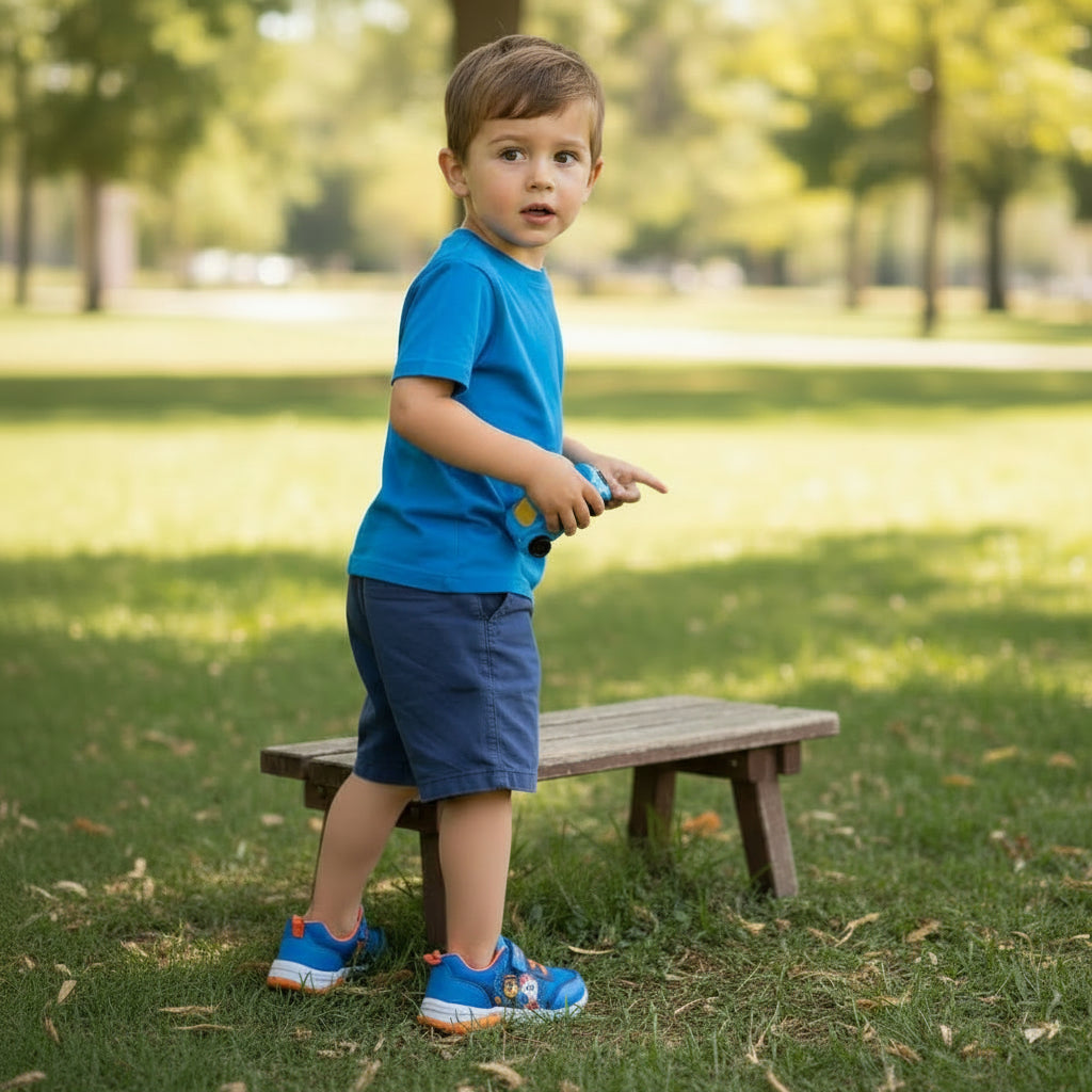 Enfant portant baskets Pat' Patrouille bleues au parc, collection LA CHAUSSURERIE