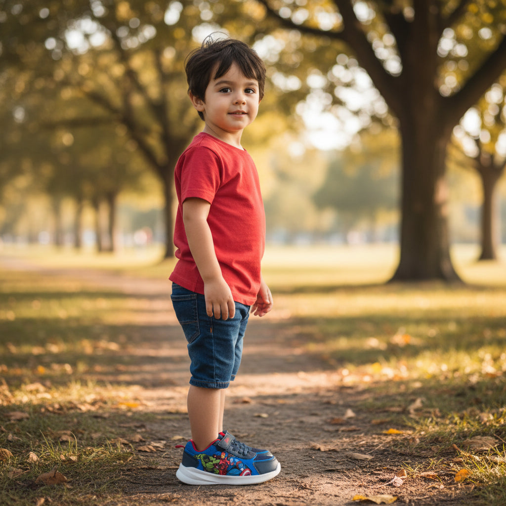 Petit garçon dans un parc portant les baskets Marvel Avengers bleues et rouges.