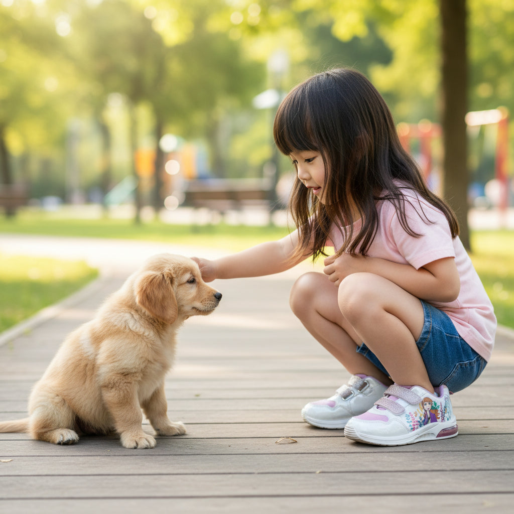 Petite fille portant baskets Reine des Neiges LA CHAUSSURERIE caressant un chiot au parc