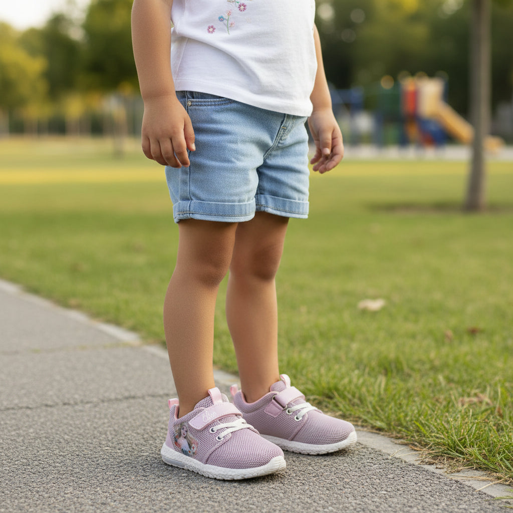Enfant portant baskets roses Elsa lumineuses sur trottoir, chaussures LA CHAUSSURERIE