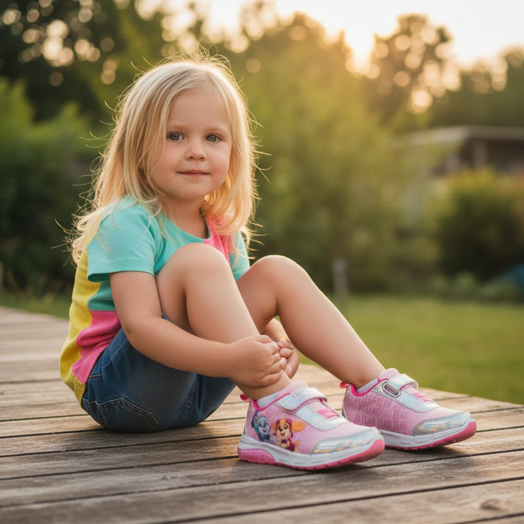Petite fille assise dehors portant des chaussures lumineuses Pat' Patrouille, LA CHAUSSURERIE