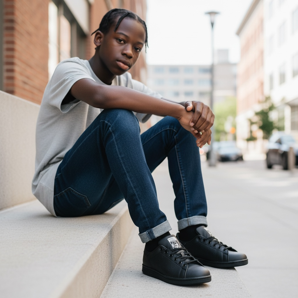 Adolescente assis en extérieur portant des Adidas Stan Smith noires, jeans bleu, devant bâtiment urbain