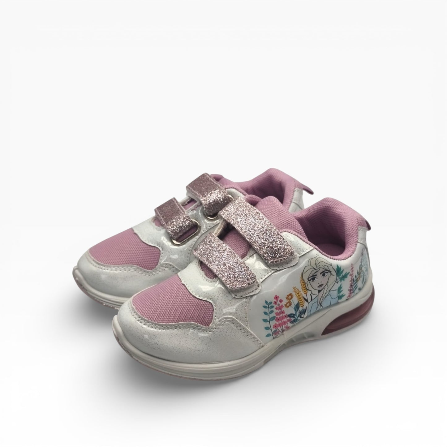 Paire de baskets lumineuses Disney fille roses avec motif personnage et scratchs pailletés, LA CHAUSSURERIE