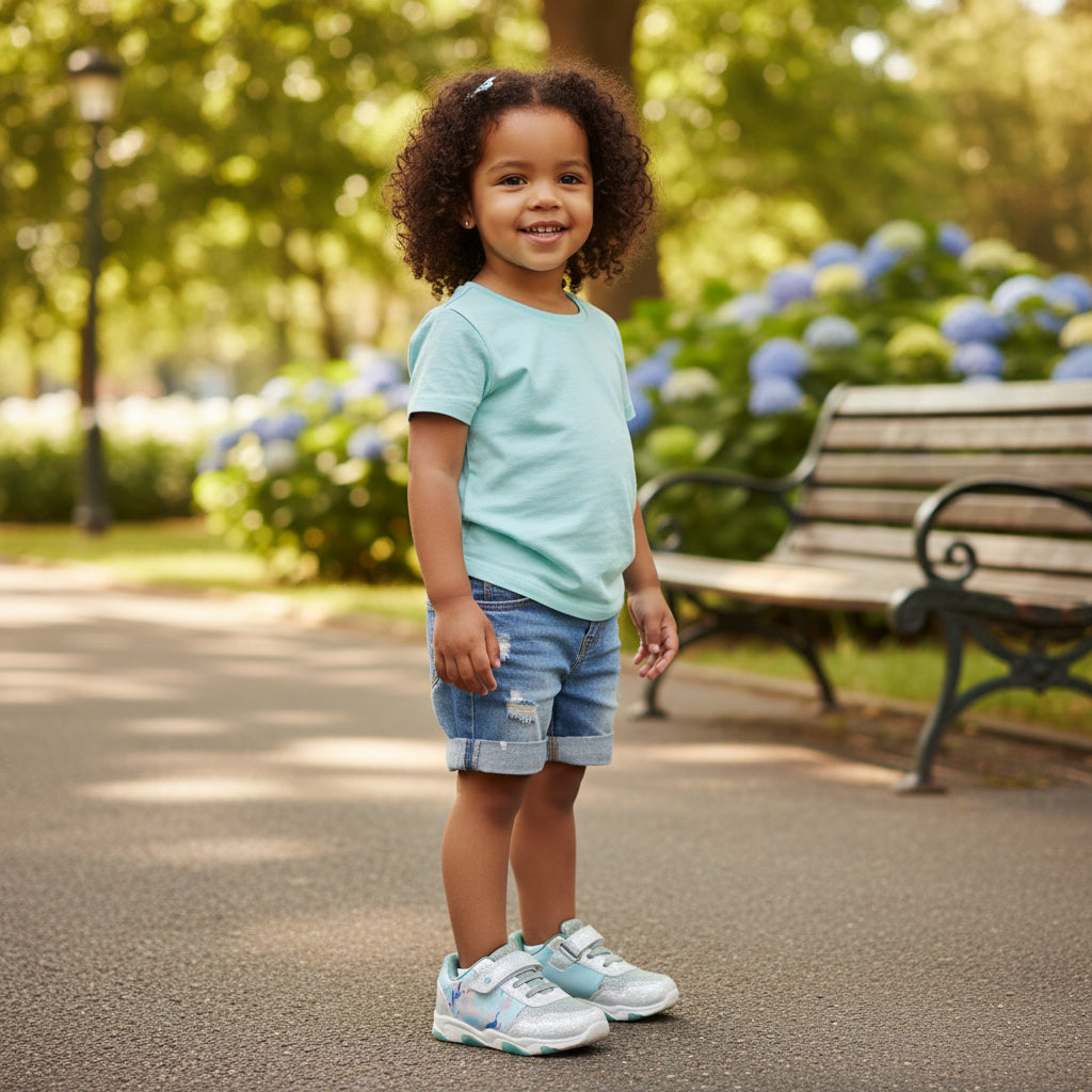 Petite fille souriante portant baskets Frozen, parc, été, LA CHAUSSURERIE