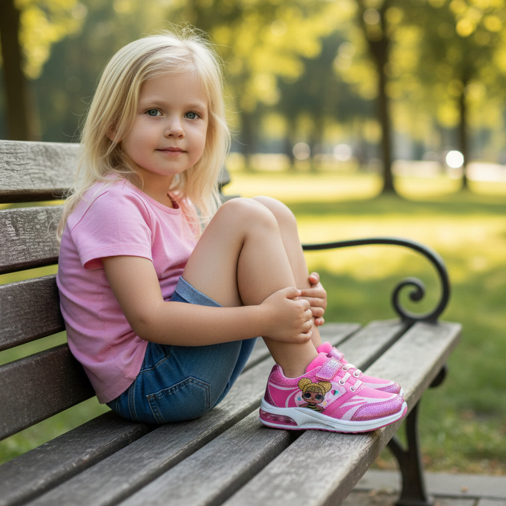 Petite fille assise sur un banc, portant des baskets lumineuses roses LOL Surprise, parc en arrière-plan
