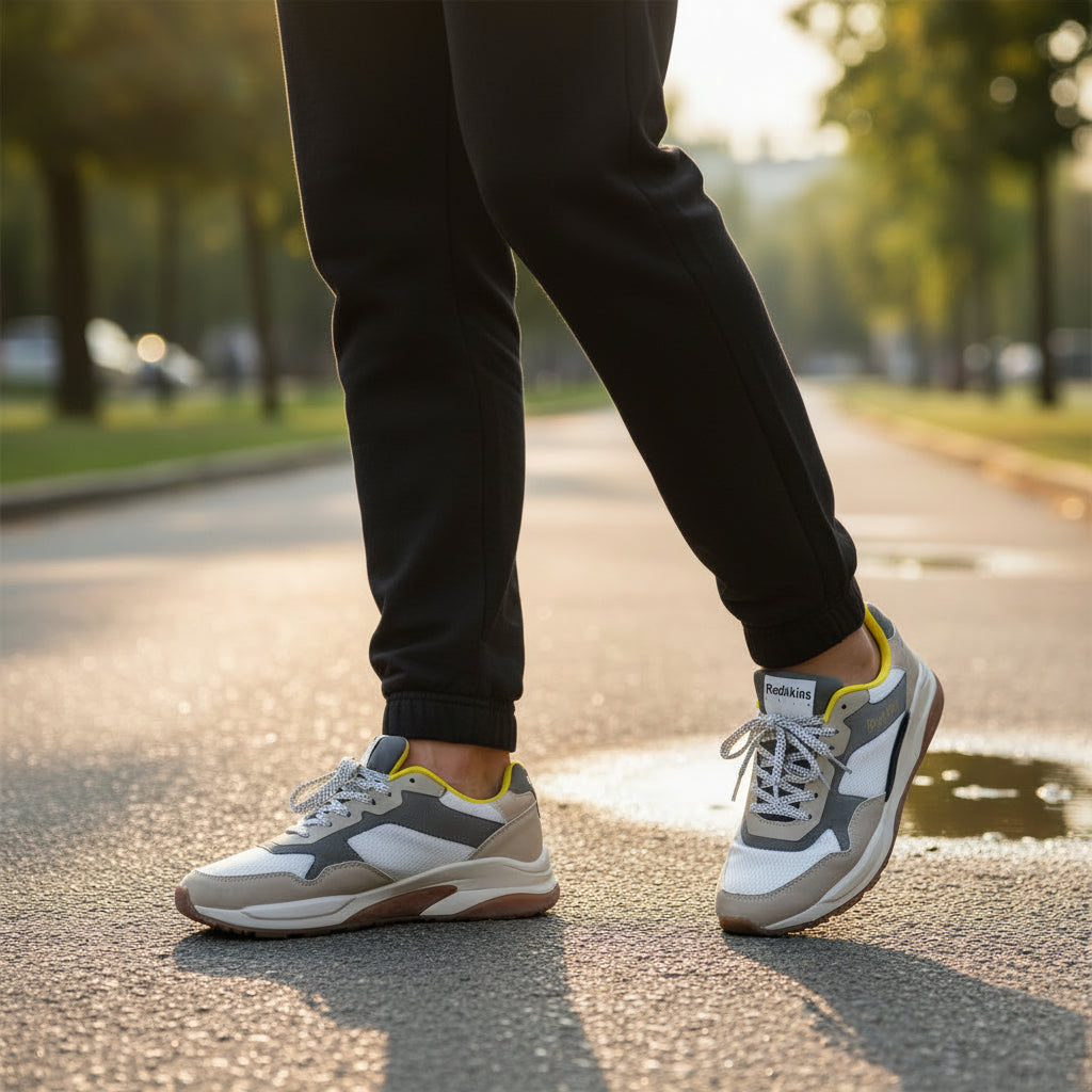 Baskets Redskins homme beige et gris portées dans la rue, mode urbaine chez LA CHAUSSURERIE
