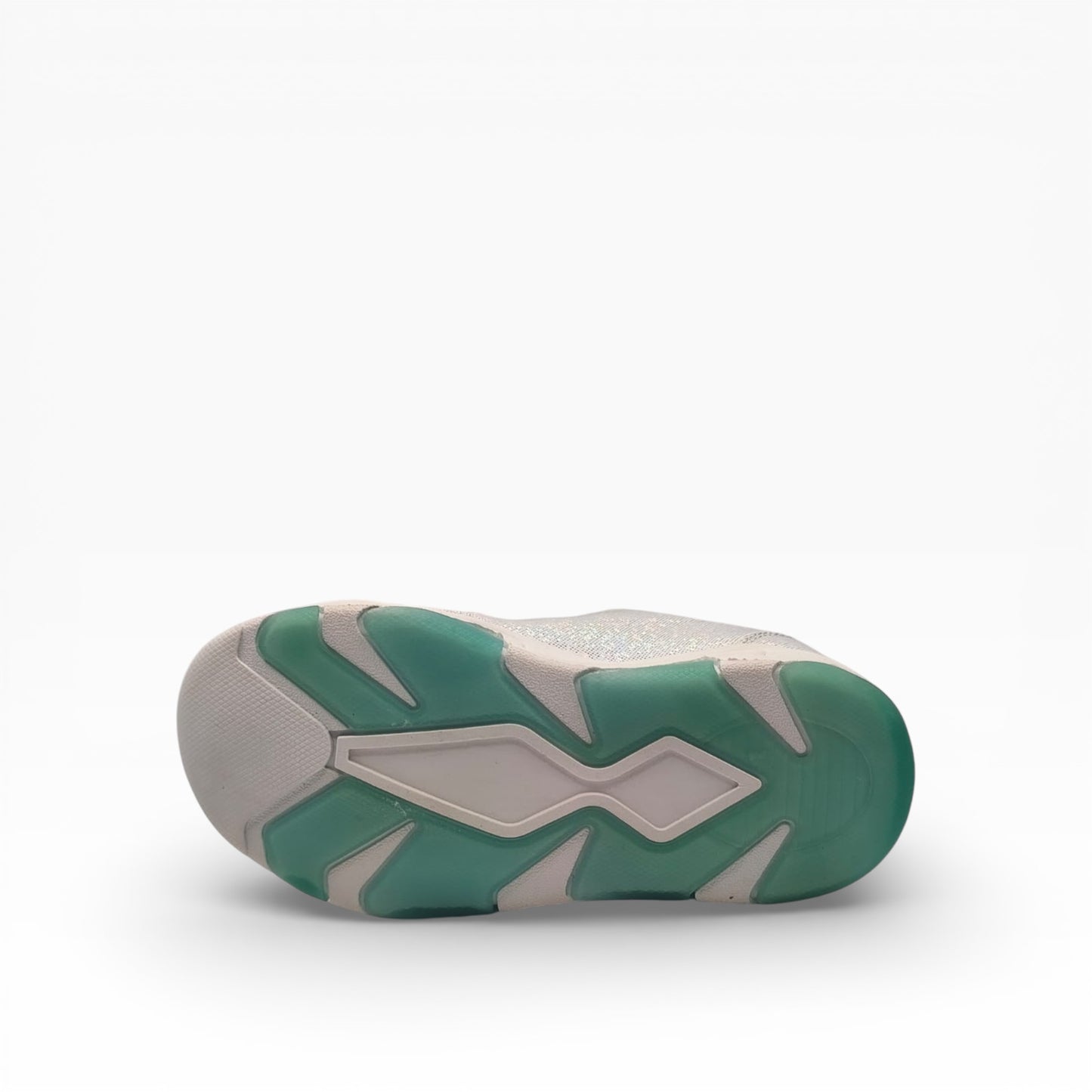 semelle de chaussure enfant turquoise lumineuse, vue dessous, LA CHAUSSURERIE