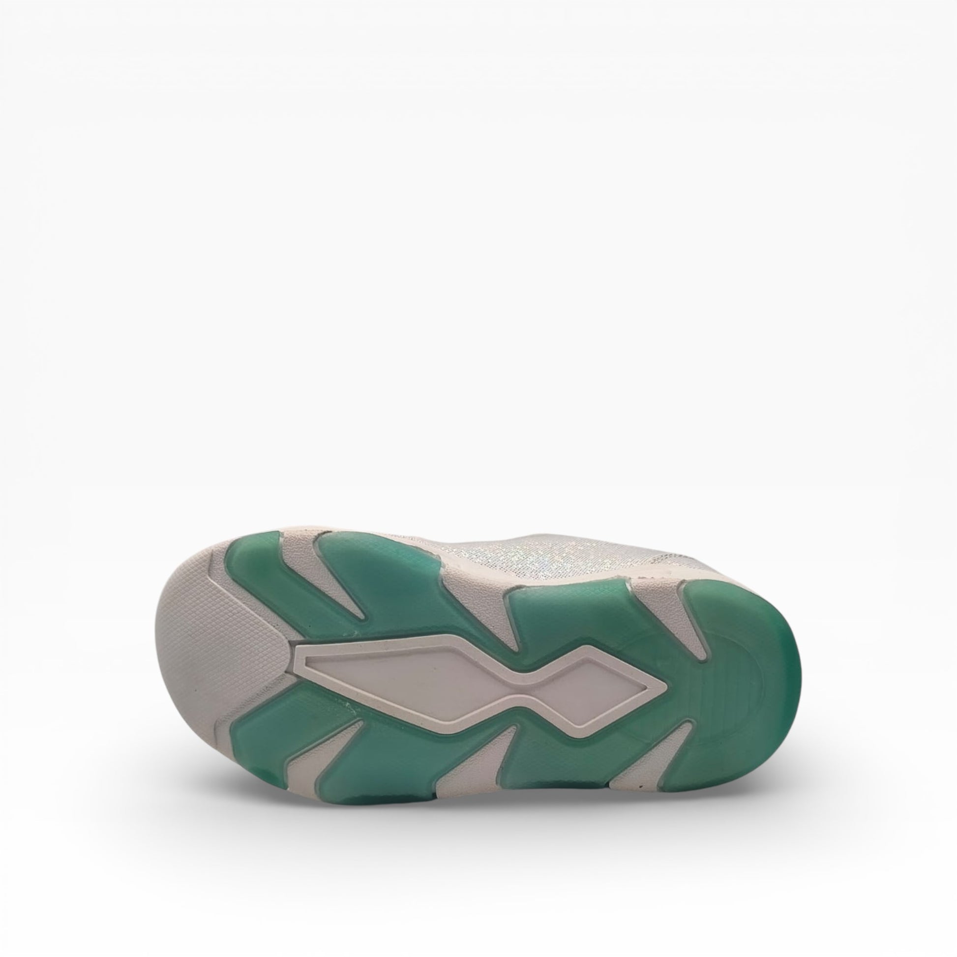 semelle de chaussure enfant turquoise lumineuse, vue dessous, LA CHAUSSURERIE