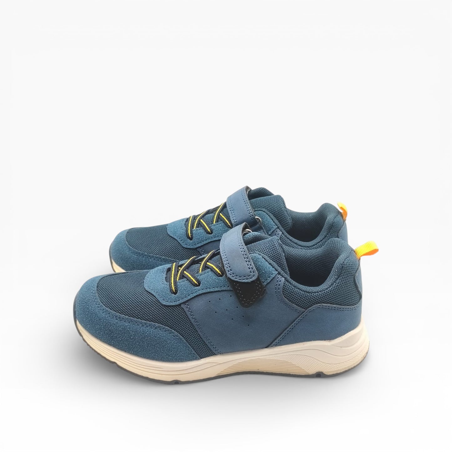 baskets enfant bleu et jaune, vue côté, semelle claire, LA CHAUSSURERIE