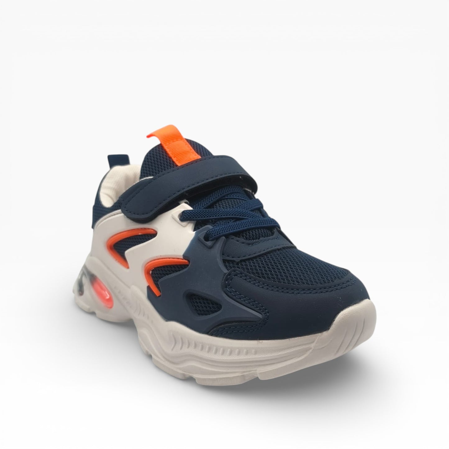 Baskets garçon bleu marine et orange, respirantes, semelle blanche, LA CHAUSSURERIE