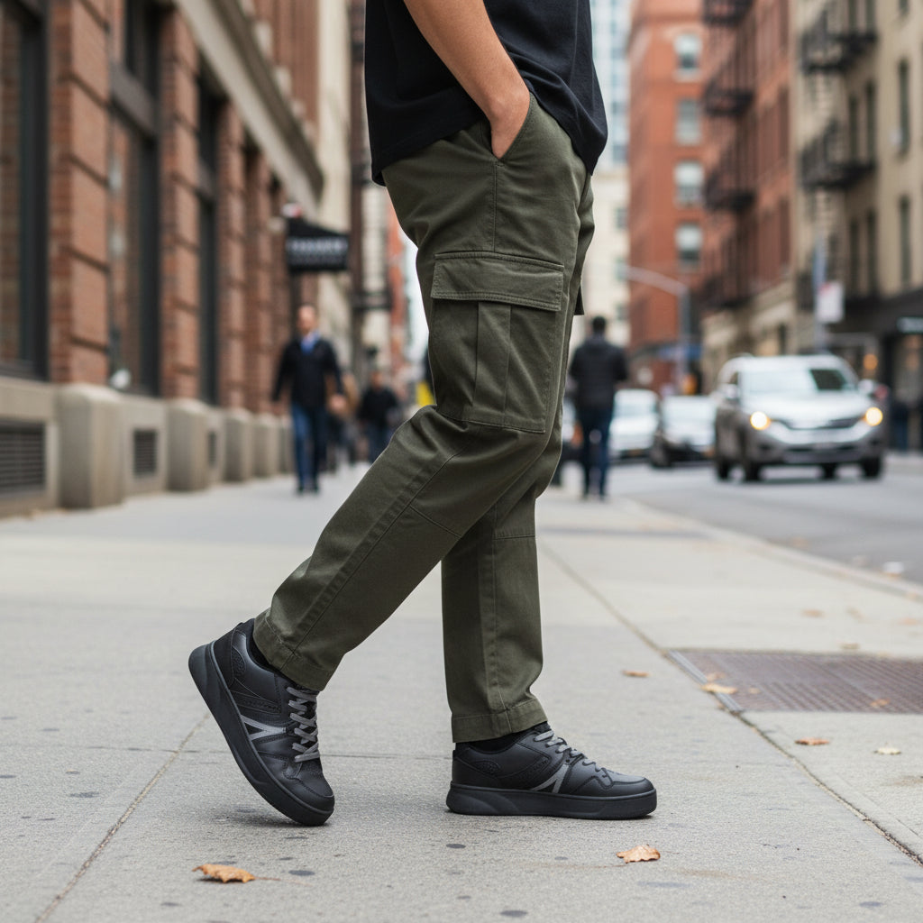 Homme portant baskets noires LA CHAUSSURERIE et pantalon cargo kaki en ville