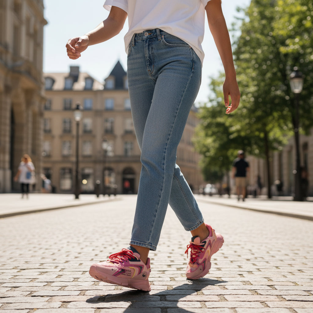 Femme en jeans et baskets roses marchant en ville, LA CHAUSSURERIE chaussures tendance
