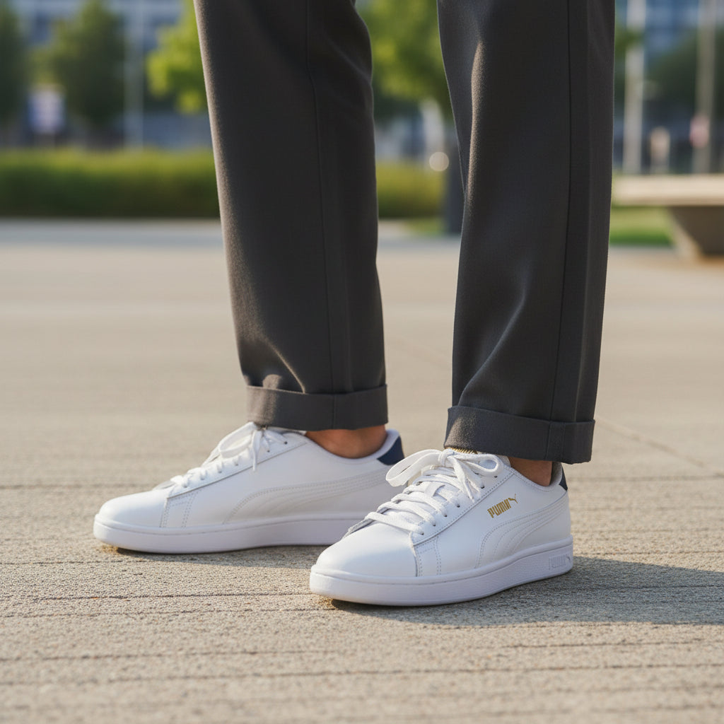 Baskets blanches Puma portées avec un pantalon noir, extérieur moderne, La Chaussurerie.