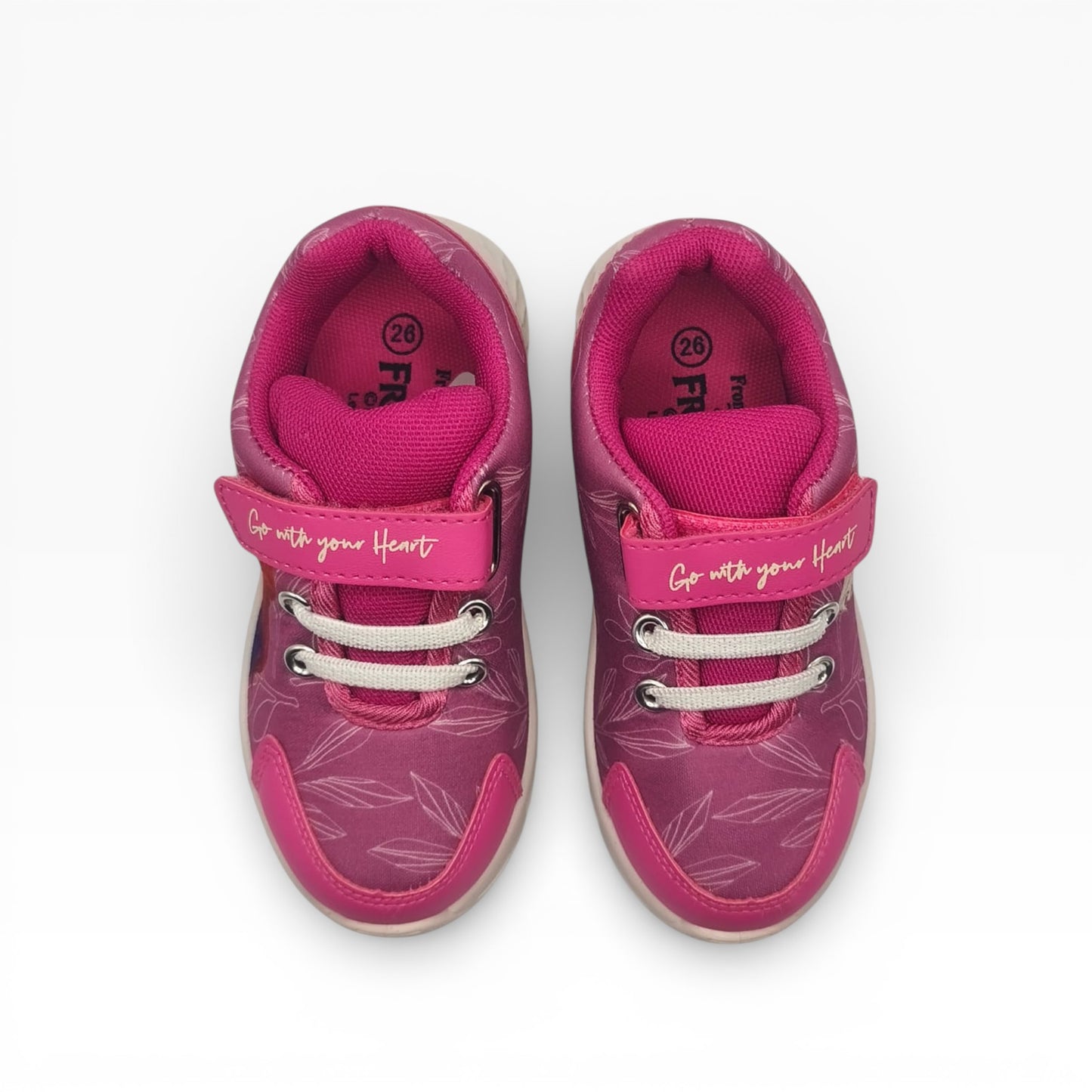 Vue dessus baskets fille Frozen roses à scratch, motif feuilles, LA CHAUSSURERIE